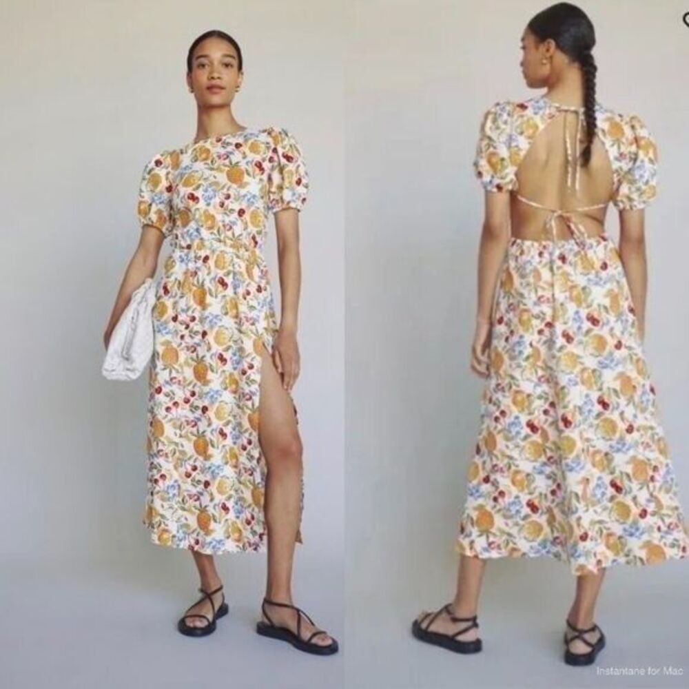 Reformation Anneliese Linen Dress Fruit Cocktail Open Back Puff Sleeve Midi Sz 4